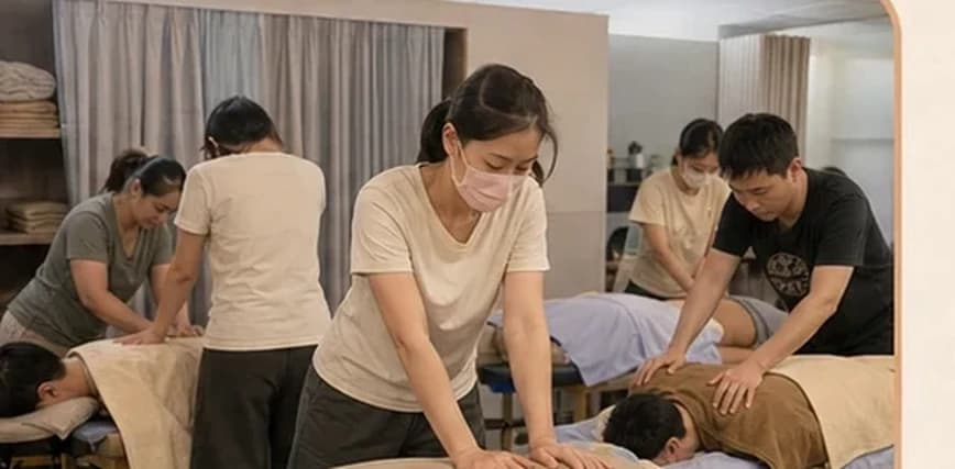 享按SPA 教室裡,學員在按摩床邊練習手法,老師在旁指導